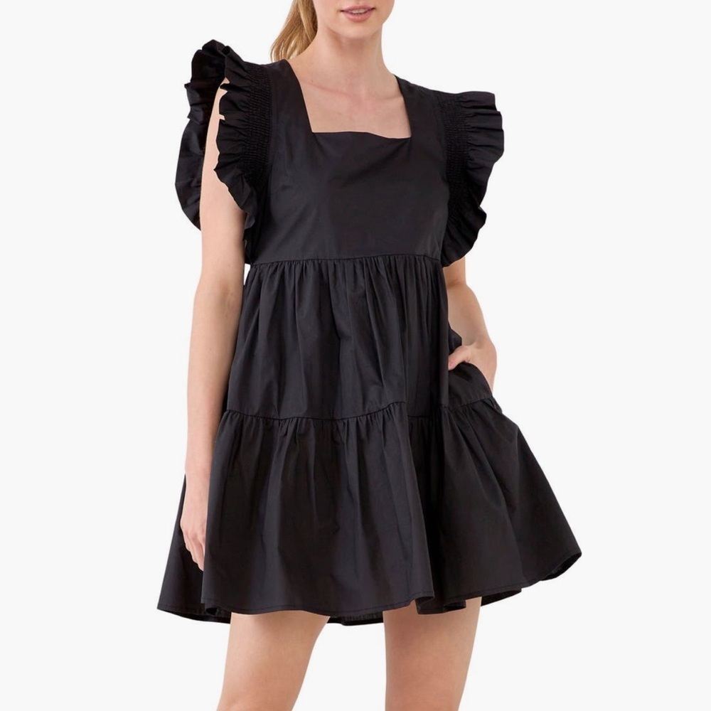NWT English Factory Black Ruffle Sleeve Tiered Mini Dress